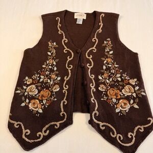 Jenny M Embroidered Sweater Vest Floral Cottagecore Boho Vtg grandmacore whimsy